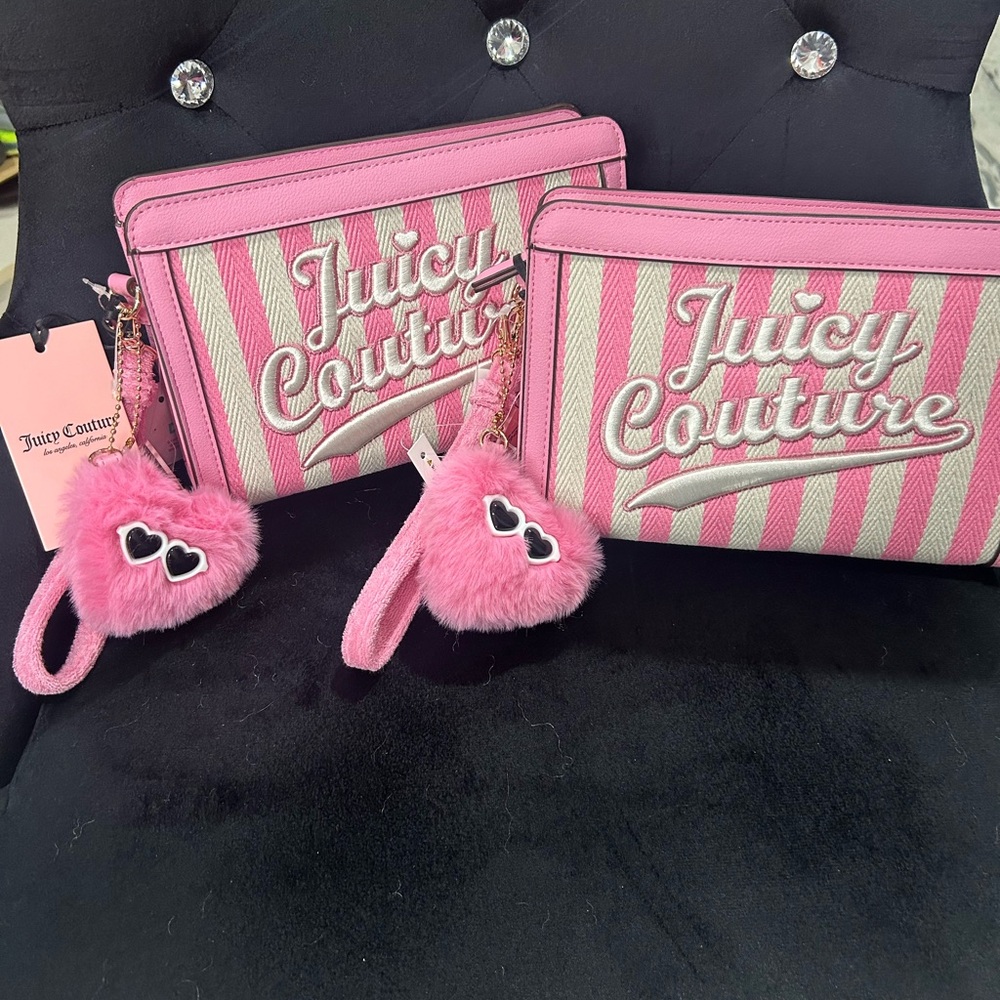 Juicy Couture Pink & Cream Striped Kids Wristlet with Fuzzy Heart Charm